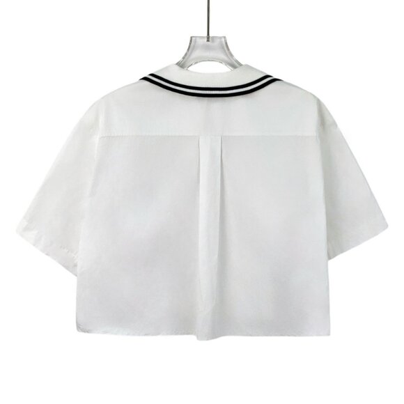 Miu Miu 2023 White Logo Letter Embroidered Cotton Short Sleeve Shirt - Picture 2 of 8